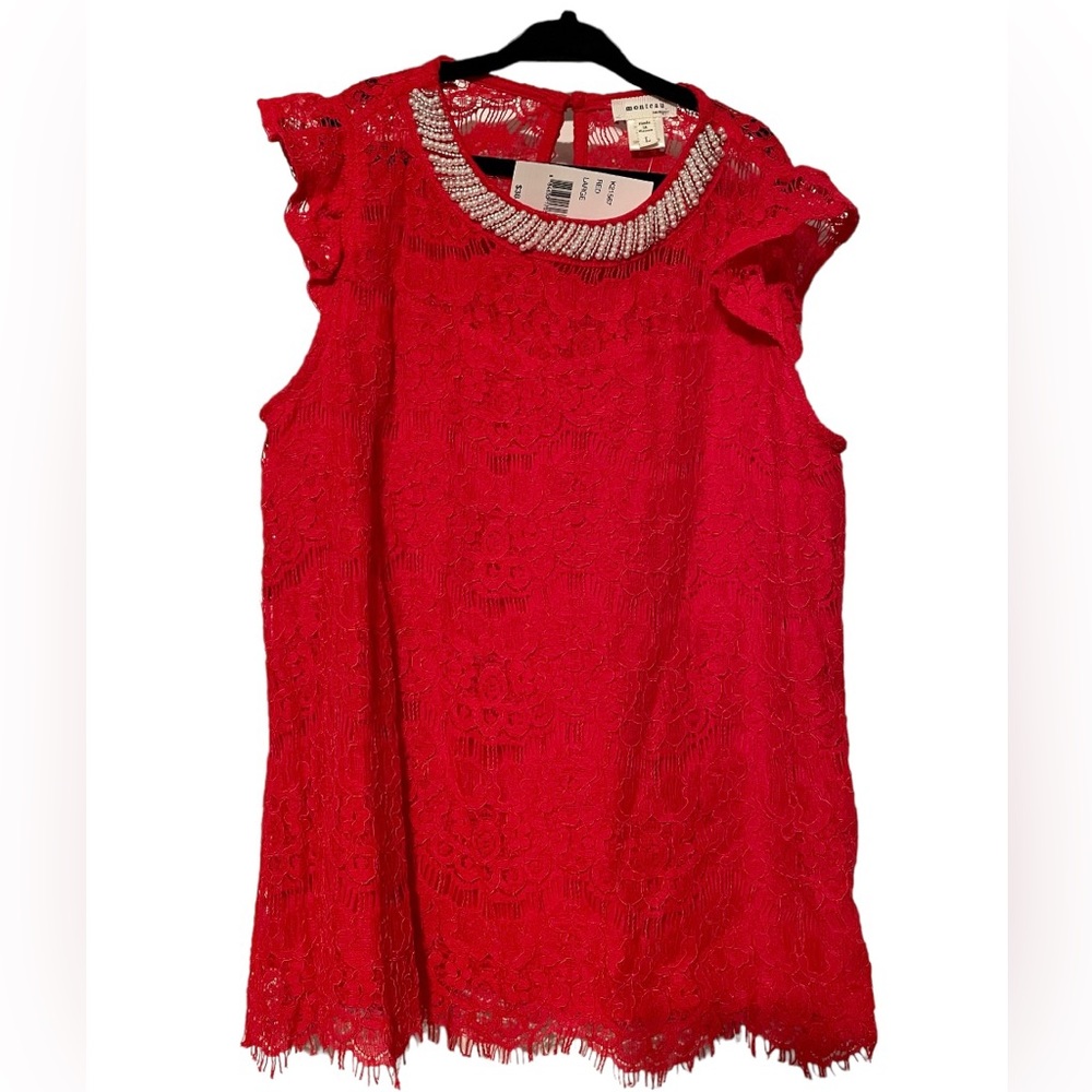 Girls red lace with embellished neckline shirt